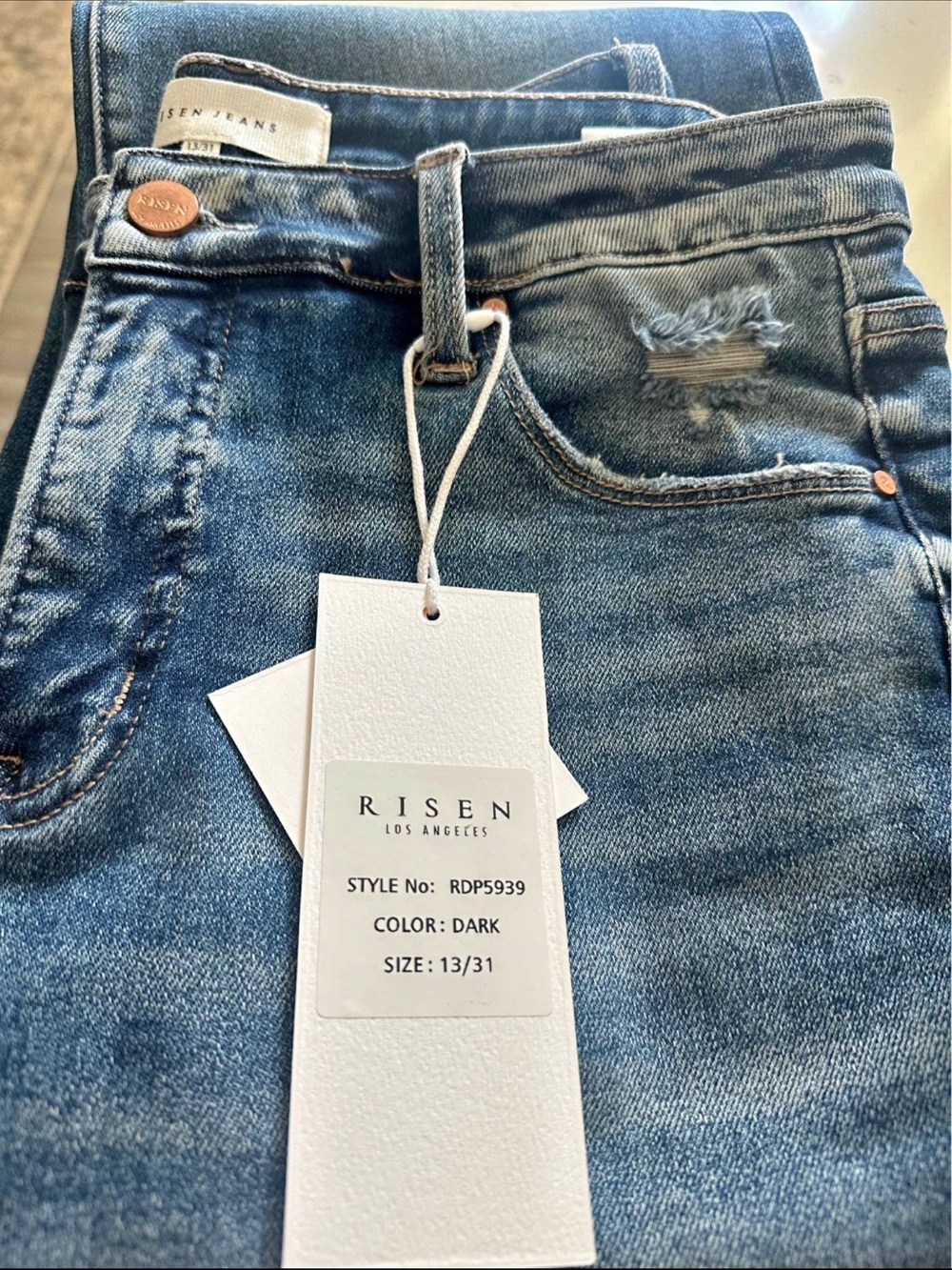 Risen Brand Jeans-Dark Wash High Rise Jeans with Light Distress.  #RDP5939